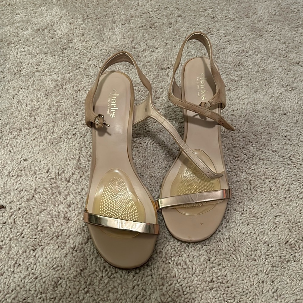 Strappy metalic nude sandal heels